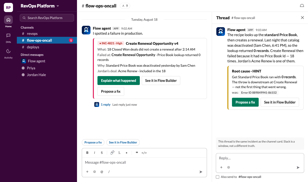 Slack: the INC-4821 incident card, with the root cause in the thread