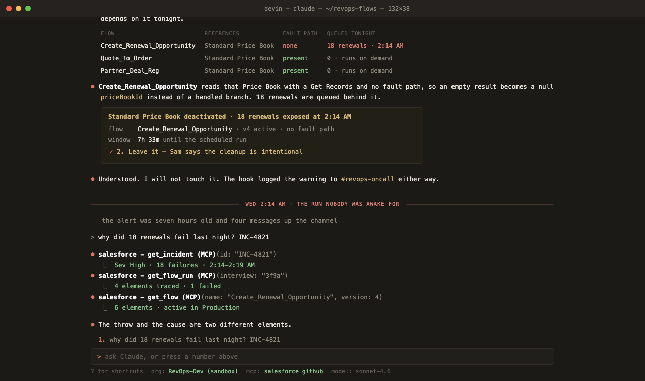 Claude Code in a terminal, tracing the failed run over MCP
